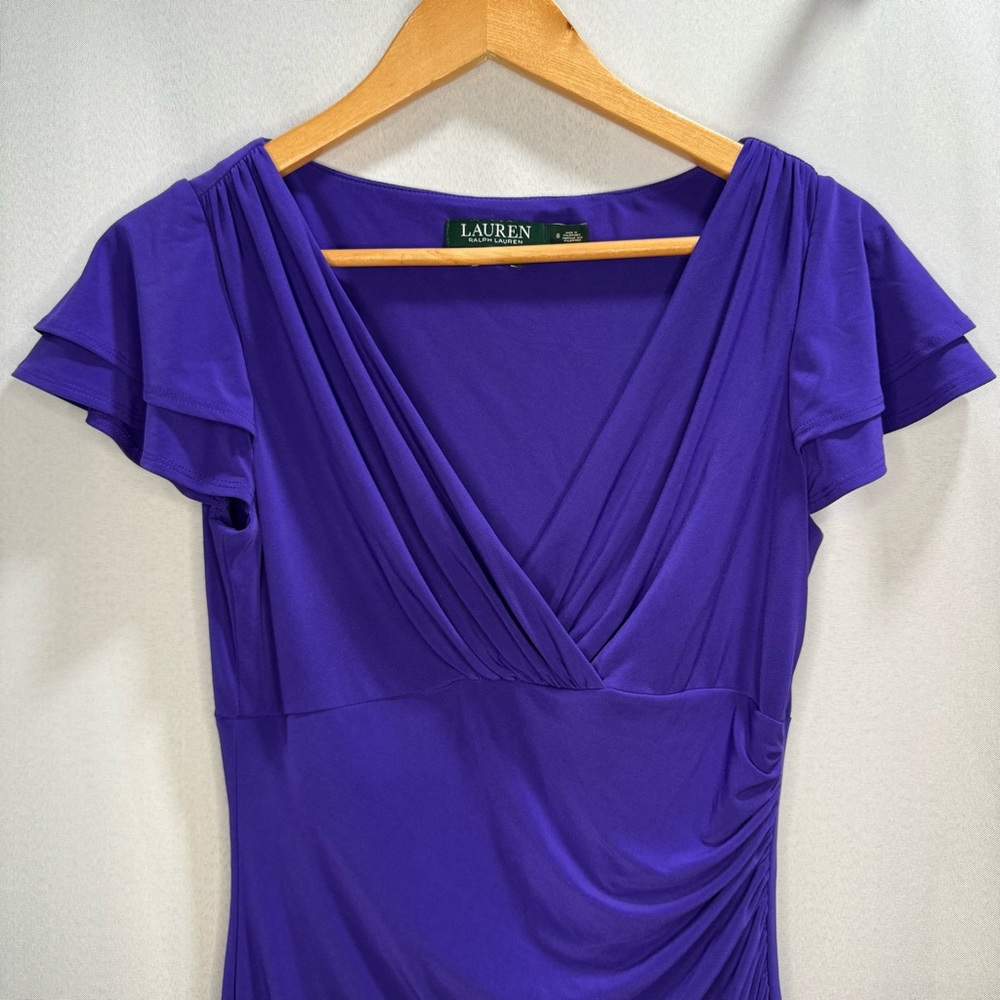 Lauren Ralph Lauren Purple Ruched Flutter Sleeve Dress Women’s Size 8 - Picture 3 of 7